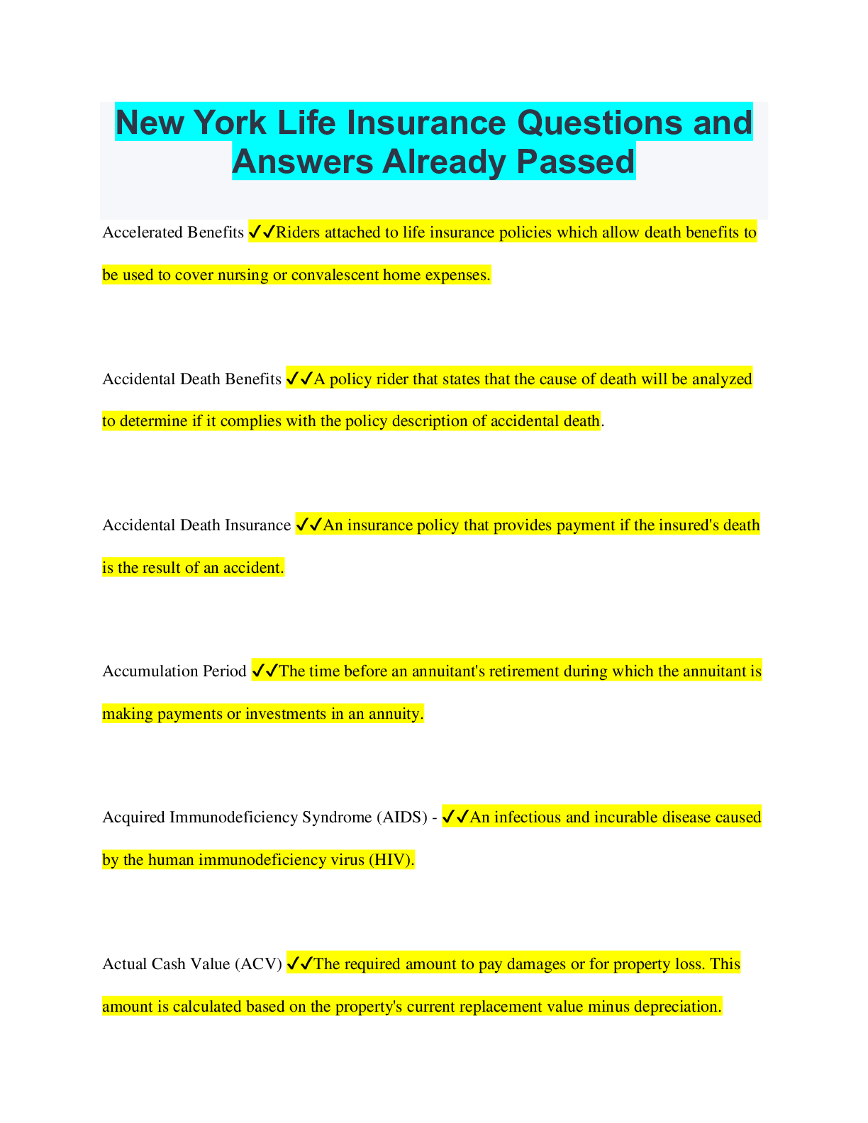 New York Life Insurance Questions and Answers Already Passed Browsegrades